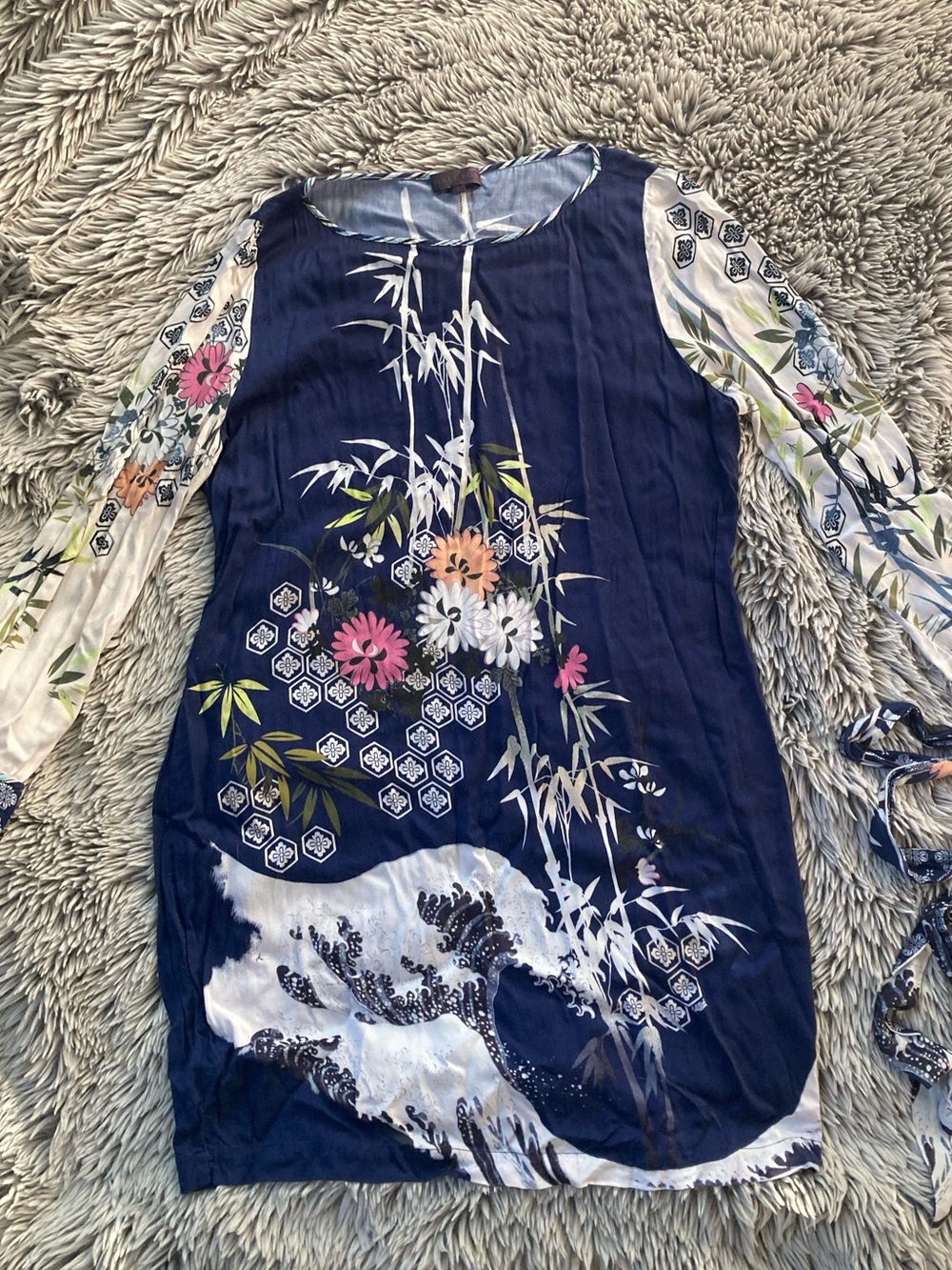 Hale Bob Navy Floral Bamboo Print Tunic with Sheer Sleeves